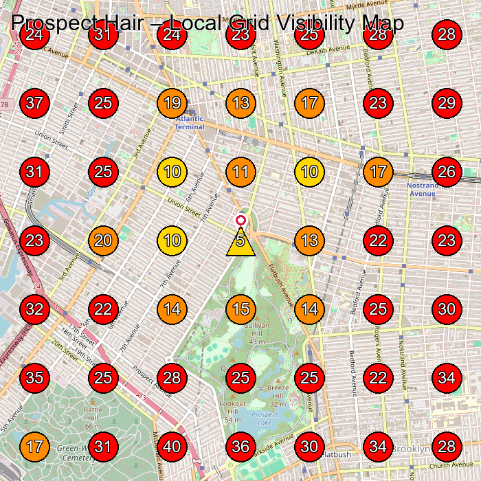 Prospect Hair GeoGrid visibility map for Hair Salon in Brooklyn